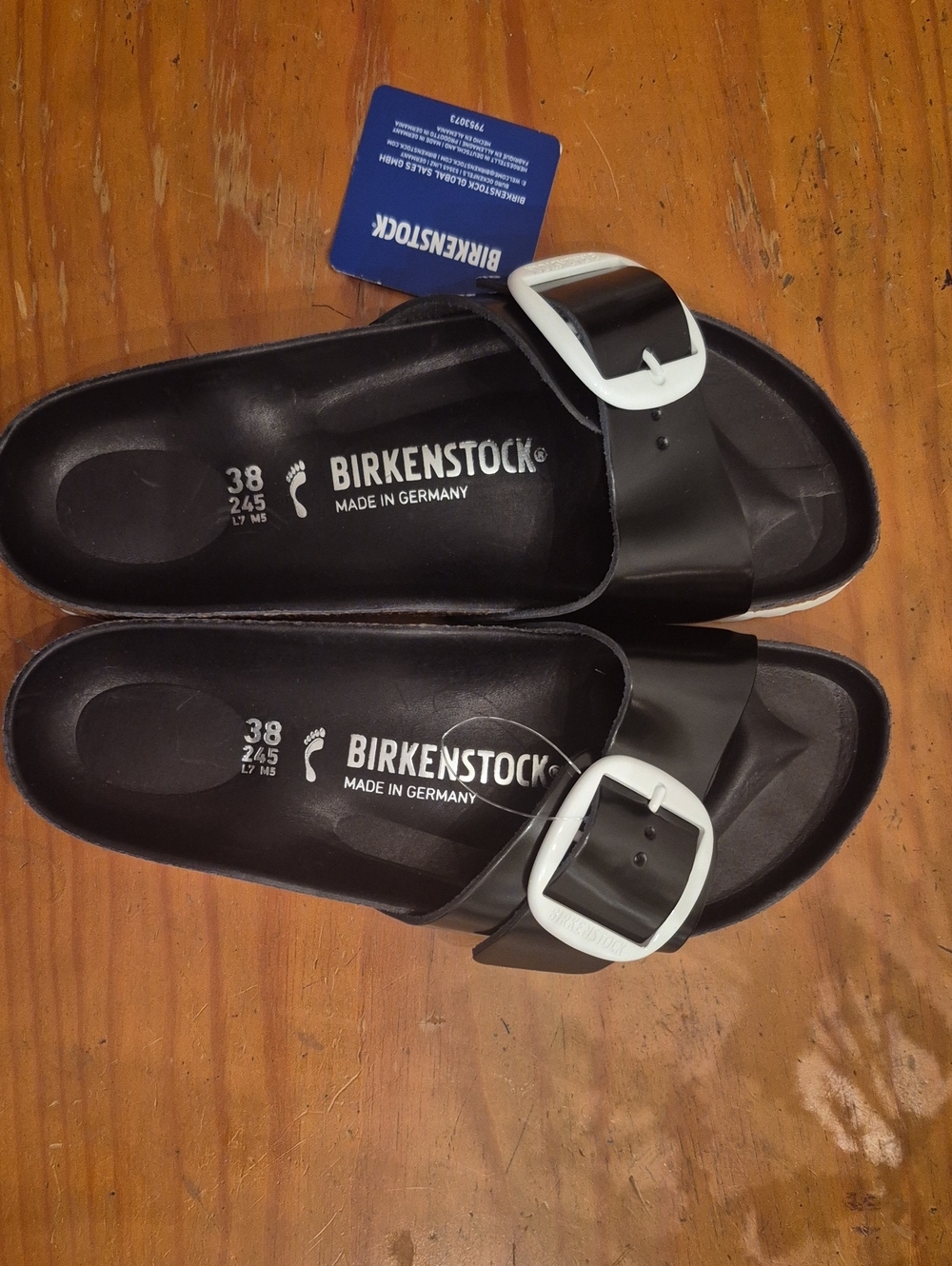 NWT Birkenstock Black Madrid Sandals with White Buckles